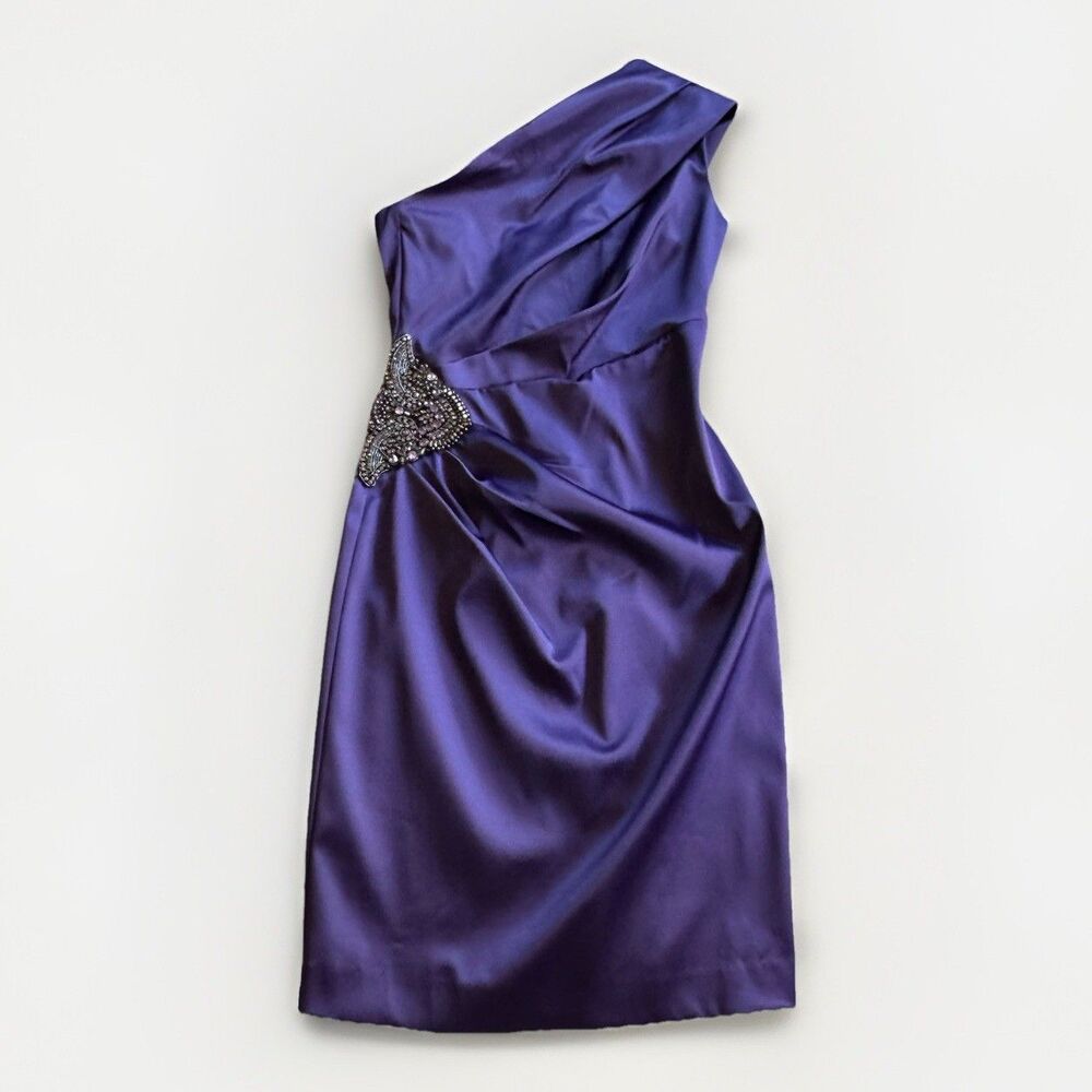 Eliza J Stretch Satin One Shoulder Cocktail Formal Dress Purple Sz 2 Embellish - Picture 2 of 16
